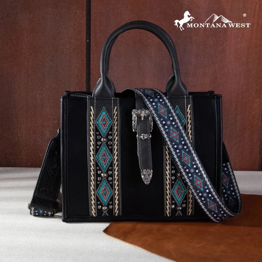 Montana West Buckle Aztec Concealed Carry Tote/Crossbody - Black